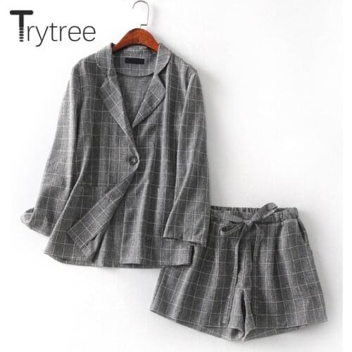 Trytree Spring Summer Women two piece set Office tops + shorts plaid Top Female Suit Set Casual Womens 2 Piece plus size Set
