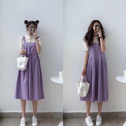 Summer New Korean Ins Sweet Purple Strap Skirt + Shirt T-shirt Two-piece Female Student Suit