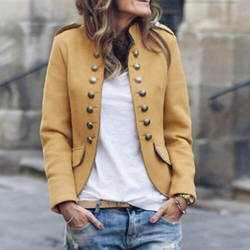 Fashion Vintage Ladies Front Open Long Sleeve Overalls Plus Size Jacket Casual Button Pockets Stand Collar Jacket Suit