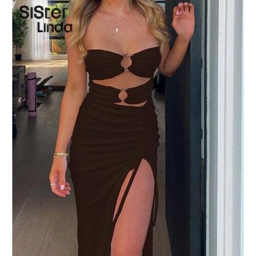 Sisterlinda Summer Sexy Hollow Out Drawstring Strapless Slit Long Dresses Women Fashion Sleeveless Skinny Stretchy Maxi Dresses