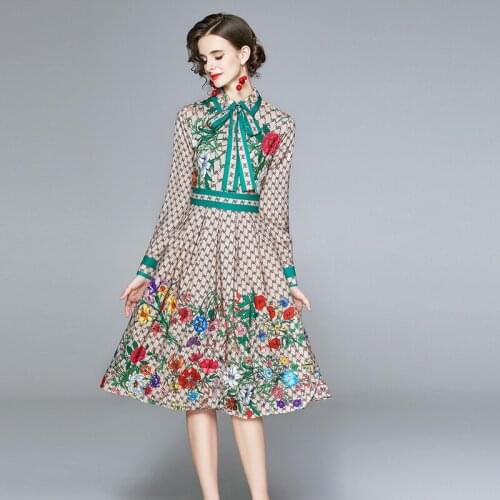 Vintage Autumn Runway Letter Flower Print Dress Womens Long Sleeve Shirt Bow Tie Collar Striped Midi Vestidos Shirt Dresses