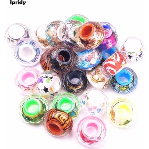 10Pcs/lot 14mm Printed Photos Mosaic Mixed color Large Hole Resin European Beads with no brass Cores Fit Charms Bracelets