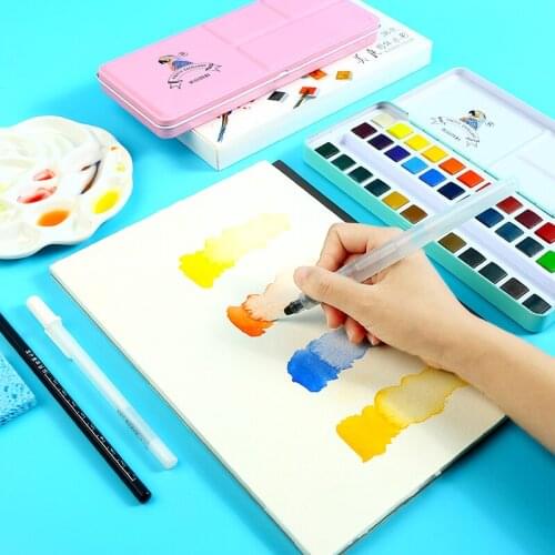 24/36 Colors Solid Watercolor Paint Set Not-toxic Water Color Pigment Paints Portable Metal Case With Paint Brushes Art Supplies