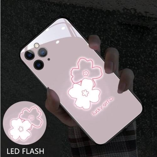 For iPhone 12 mini 11 Pro Max 8 7 Plus SE Case LED Flash Call Light Luminous Phone Case X XS MAX XR flowers tempered glass cover