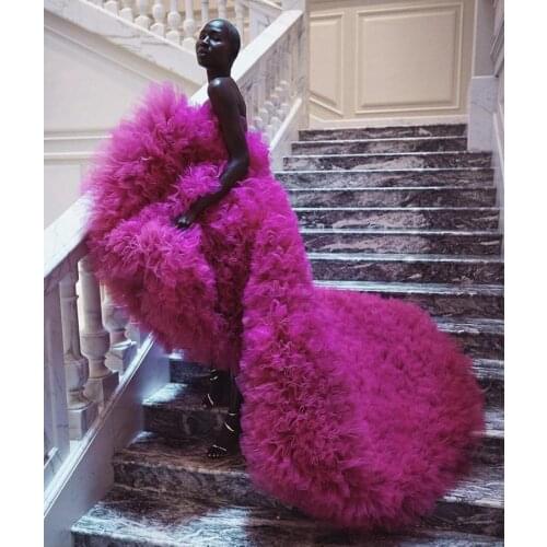 Dramatic Fuchsia Puffy High Low Tulle Prom Dresses Lush Tulle Long Prom Gowns Fashion Hot Pink Formal Dresses Large Size