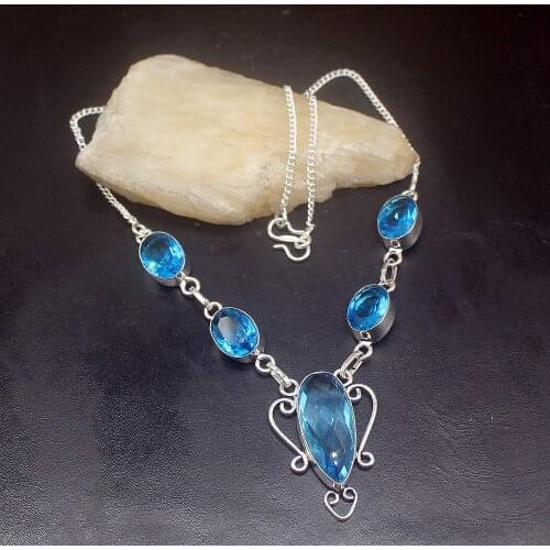 Gemstonefactory Jewelry Big Promotion Unique 925 Silver Glowing Fashion Blue Topaz Women Chain Necklace 44cm 202101470