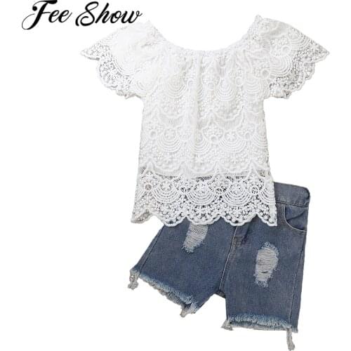 2Pcs Baby Girl Clothing Set Kid Bebes Girls Toddler Ruffle Off Shoulder Lace T-Shirt Tops Jeans Denim Shorts Outfits Set Clothes
