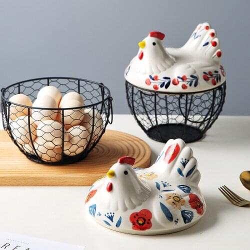 Creative Hand-painted Hen Decoration Ceramic Egg Basket Household Fruit and Vegetable Kitchen Iron Storage Basket Storage