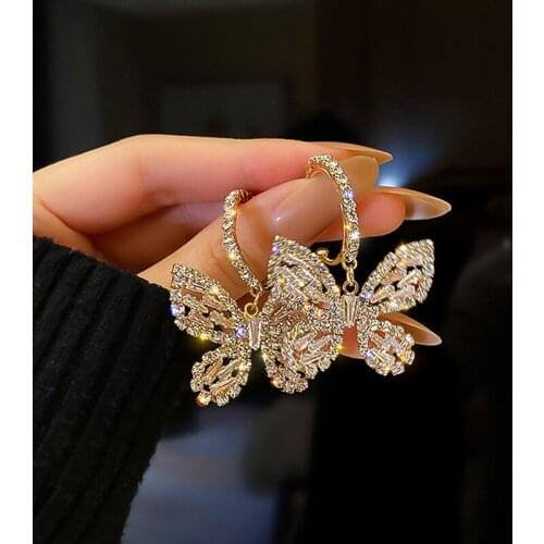Summer Exquisite Rhinestones Butterfly Drop Earrings for Women Colorful Crystal Simulation Wing Hook Earrings Jewelry