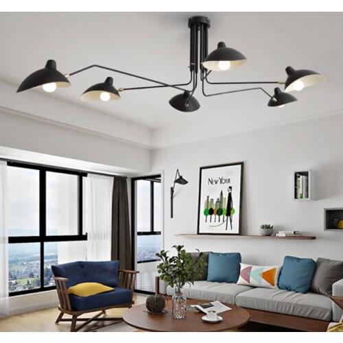 Retro industrial wind hardware black paint 6 lights adjustable chandelier personality living room decoration LED E27 lighting