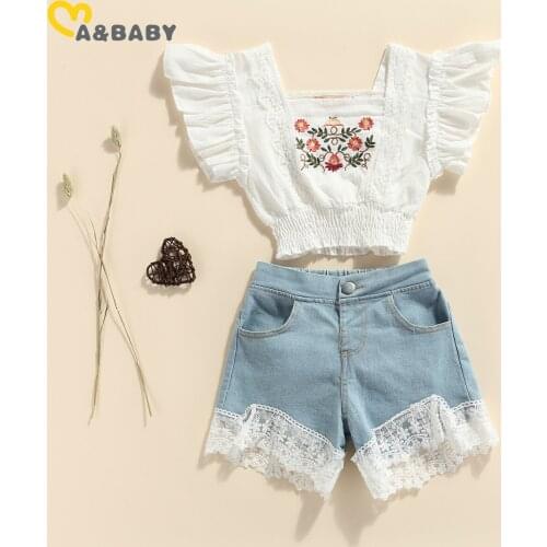 Ma&Baby 3-8Y Summer Toddler Kid Girls Clothes Set Ruffles Flower Tops Lace Denim Shorts Jeans Outfits Costumes DD43