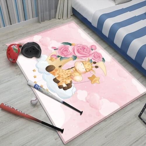Cute Cartoon Giraffe Pink Pattern Baby Hand Print Carpet Baby Play Mat Children Carpet Non-Slip Children Safety Flannel Carpet
