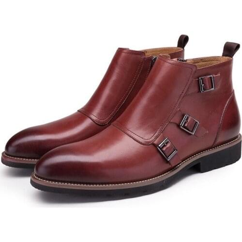 Brand Fashion Sewing Buckle Genuine Leather Boots Men Casual Pointed Toe Ankle Boots For Men High Quality Boots Shoes New