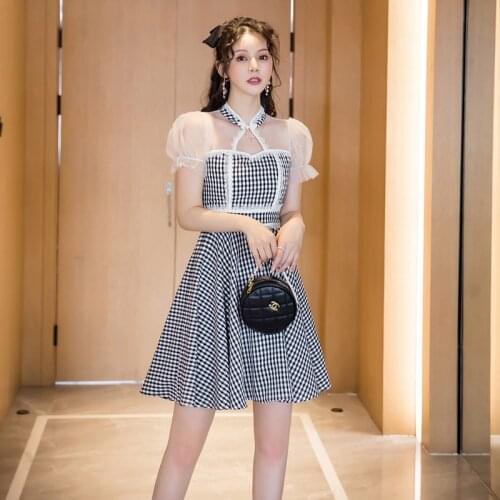 New arrival fashion summer mini party dress women OL temperament puff sleeve sexy perspective mesh stitching lace plaid dress