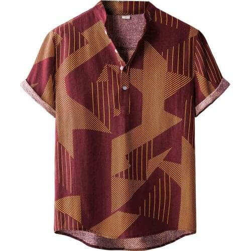 Summer Fashion New Men Shirts Vintage Ethnic Short Sleeve Casual Linen Shirt Blouse Vestidos Dress Shirts Print Camisas рубашка