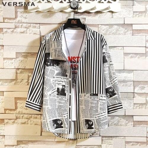 VERSMA Korean Chic Newspaper Graffiti Print Shirt Men Women Summer Sun Protection Clothing Vintage Stripe Shirt Men Dropshipping