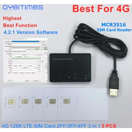OYEITIMES MCR3516 SIM Card Reader+5PCS 2FF/3FF/4FF Programmable SIM Card Blank LTE WCDMA GSM USIM 4G Cards + 4.2.1 Ver. Software
