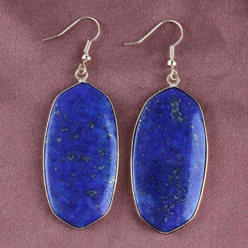 KFT Natural Lapis Lazuli Stone Oval Shape Earring Lapis Lazuli Dangle Hook Drop Stone Earrings For Women Fashion Jewelry