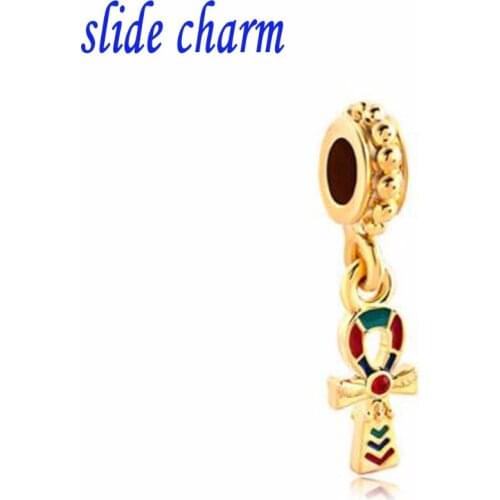 Slide charm wholesale Free shipping Red Crystal Gold Egyptian Ankh Cross Dangle Charm Bracelet Spacers 1
