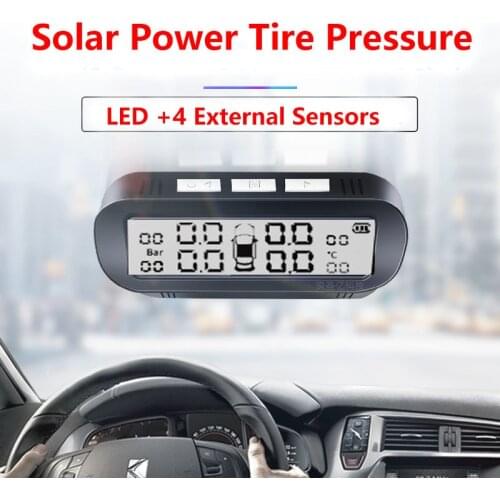 TPMS Car Tire Pressure Monitoring Intelligent System Solar Power Wireless LED Display with 4 Built-in or External Sensor