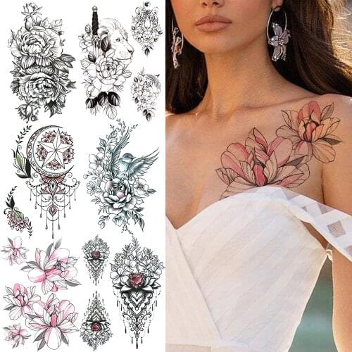 Watercolor Dahlia Flower Temporary Tattoos For Women Lady Realistic Peony Lion Tiger Bird Fake Jewelry Tattoo Sticker DIY Tatoos