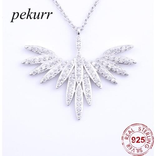 Pekurr 925 Sterling Silver Big Zircon Feather Necklaces Pendants For Women CZ Leaf Silver Chain Natrual Fine Jewelry Gifts