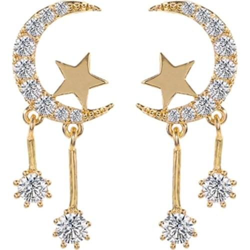 Women Luxury Party Moon Star Tassel Cubic Zirconia Stud Earrings Jewelry Gift