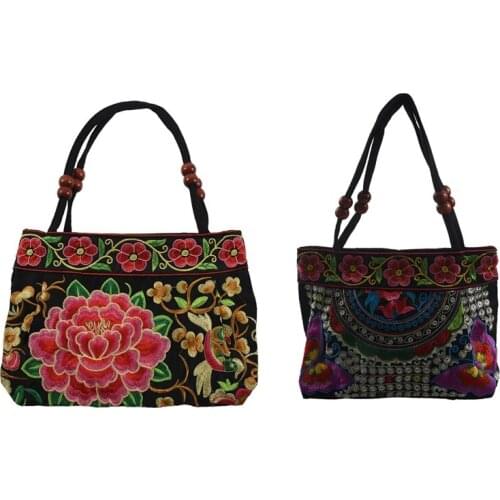 2 Pcs Chinese Style Women Handbag Embroidery Ethnic Summer Fashion Handmade Flowers Ladies Tote Shoulder Bags Cross-Body, Red Pe