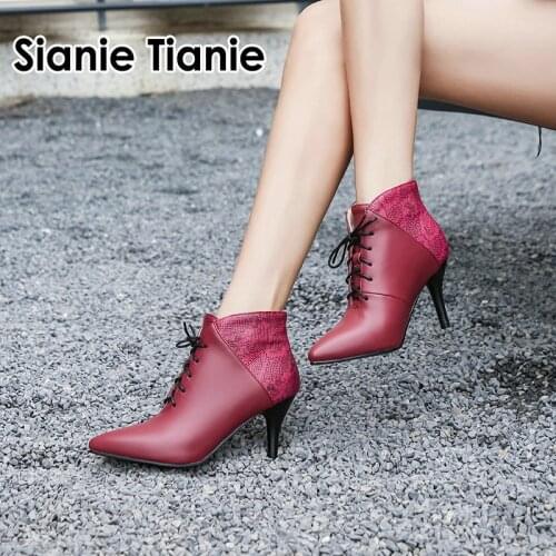 Sianie Tianie Lace Up Women Shoes High Heel Ankle Boots Short Boots Fall Spring Pointed Toe Red Pumps Lady Shoes Big Size 44 43