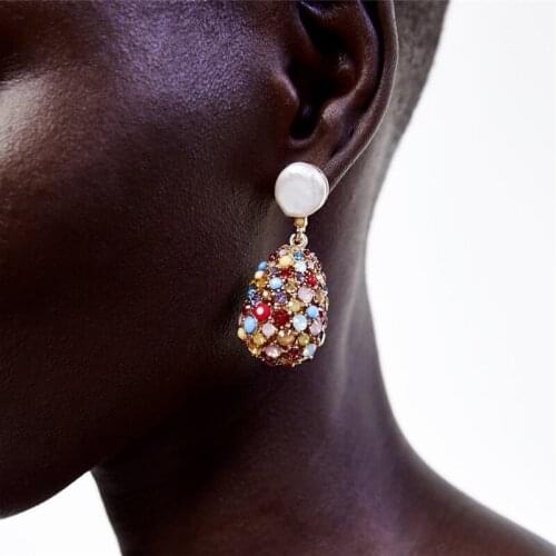 Imitation Pearl Top Womem Dangle Earrings Full Beads Water Drop Pendants Rhinestone Carved ZA New 2020 pendientes ET1301