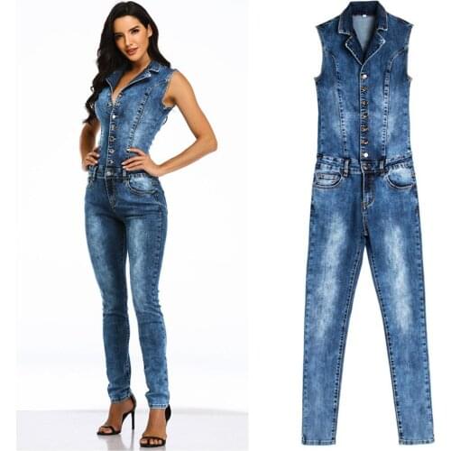 Women Blue Denim Long Jumpsuit V-neck Sexy Off Shoulder Skinny Lady Autumn Jeans Long Romper Button Up Jeans Overalls Jumpsuits