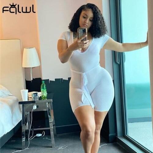 FQLWL Summer Streetwear Bodycon Ribbed White Romper Women V Neck Rompers Playsuits Casual Outfits Women Short Sleeve Jumpsuits