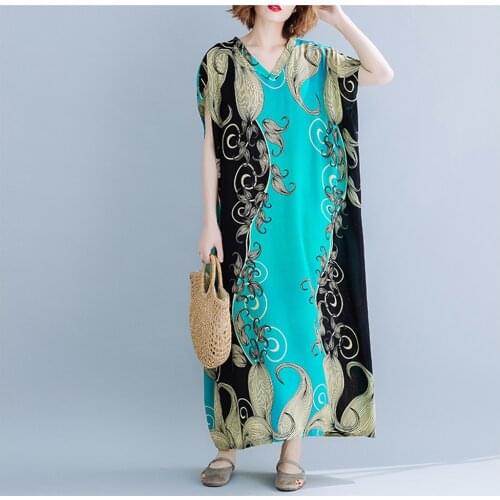 Plus Size Loose Robe Summer New Fashion Dresses Women V Neck Long Sleeve Printed Maxi Dress Elegant Clothes