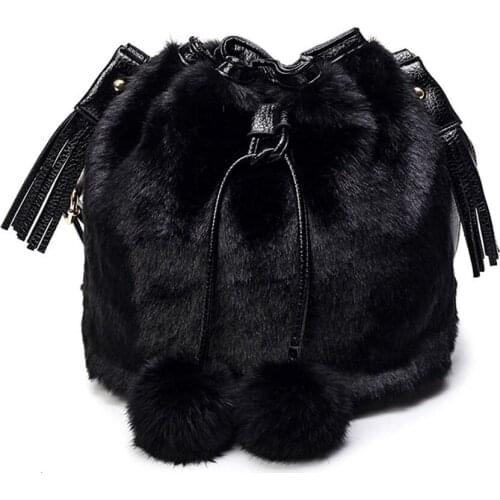 Winter Fashion Women Shoulder Bag Small Furry Faux Fur Bucket Drawstring Hand Bag Girls Purse Cross Body Bag with Pom Pom
