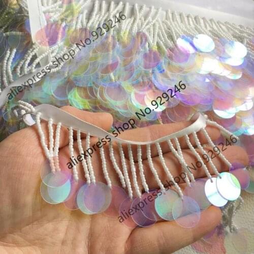 1yard/lot white bead colorful black round sequins beaded lace with 4.3cm fringe tassel trims fashion garment shoes decoration
