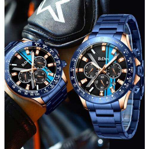 BIDEN Brand Luxury Men Quartz Watch 12/24 hours Chronograph Calendar Wrist Watches Bracelet For Male Waterproof reloj hombre New