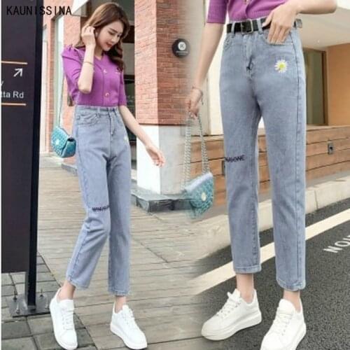 Flower Embroidered Jeans Women Autumn New Fashion Straight Leg Pants Loose High Waist Denim Pants Ladies Ankle-Length Trouser