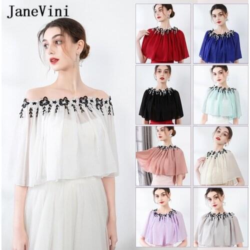 JaneVini Elegant White Bridal Bolero 2021 Summer Off Shoulder Appliques Chiffon Shawl Wrap Evening Cape Jacket Wedding Cover Up