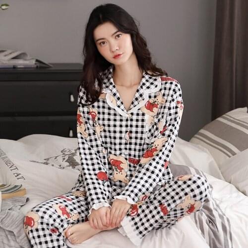 Cotton Sleepwear Long Sleeves Long Pants Pijama Mujer Large Size Pyjama Nighty Cute Plaid Pajama Set Home Clothes For Women