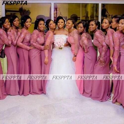 Graceful Long Sleeves Lace Duty Rose African Bridesmaid Dresses Mermaid Floor Length 2021 Plus Size Black Maids Party Gowns