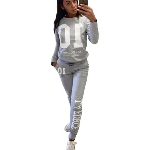 Tracksuit Women Two Piece Set Autumn Clothes Letter Print Fleece Sweatshirt Top + Pants Sports Jogger Suit Female Casual Outfits