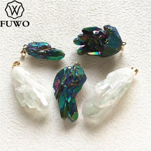 FUWO Natural Aura Crystal Quartz Pendant With Titanium Plated Irregular Crystal Cluster Pendant For Necklace Making PD275