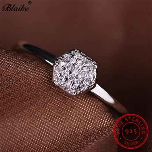 Cute 925 Sterling Silver Hexagon Rings For Women White Zircon Dainty Minimalist Wedding Ring Female Daily Thin Ring Fine Jewelry