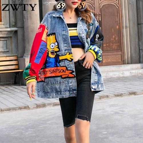 ZWTY Fashion The New Splice Printing Loose Sequin Denim Jacket Spring autumn sequins cartoon denim jackets loose Lady streetwea