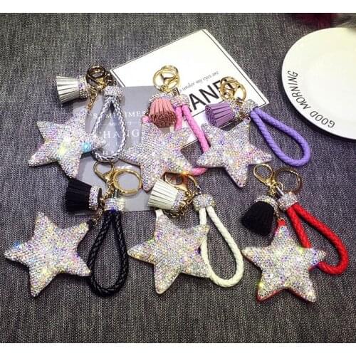 Fashion Diamond Crystal Star Tassel Keychain Handbag Car Keyring Women Diamante Star Key Buckle Key Chains Jewelry Girls