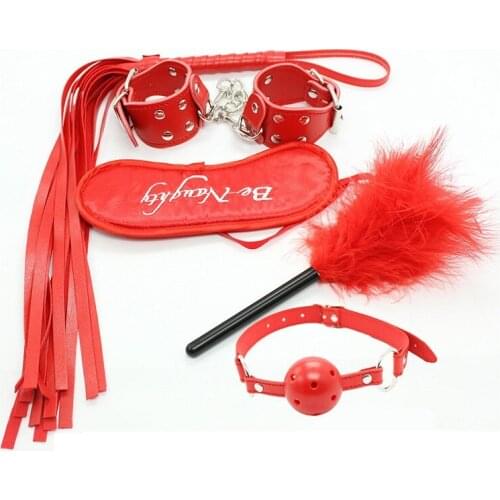 5 piece set PU Leather bondage restraint eye mask whip Exotic Accessories Tool Slave handcuff oral Gag BDSM couple game sex toy