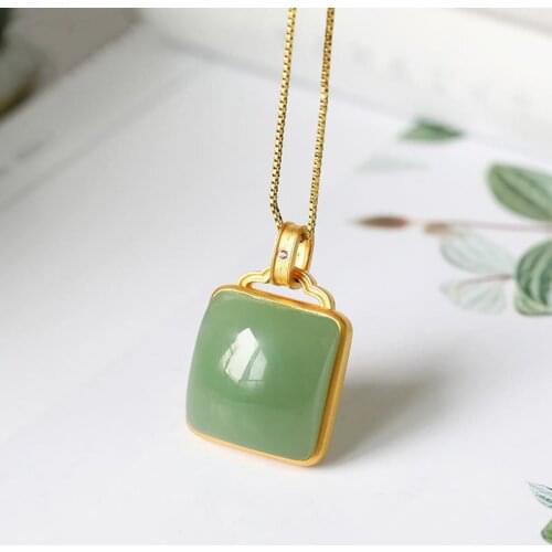 New Hetian Jade Green Jade S925 Sterling Silver Plain Pendant Necklace Inlaid Jade Finished Product Pendant Clavicle Chain Penda