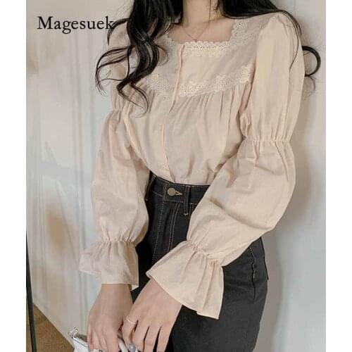2020 Autumn Vintage Woman Shirts Lace Blouse Long Sleeve Women Blouse Stitching Solid Chic Cardigan Korean Clothes Blusas 10955