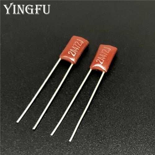 50pcs/Lot Mylar Film Capacitor 100V 2A472J 4700pF 4.7nF 2A472 5% Polyester Film capacitor RED