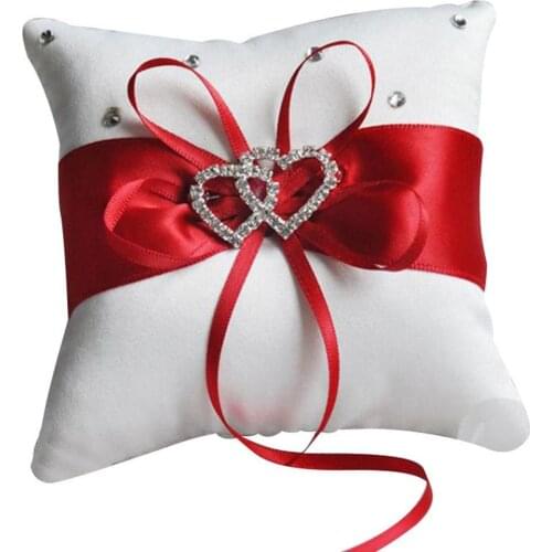 10x10cm Double Heart Satin Ring Pillow Romantic Bridal Wedding Party Hotel Ring Pillow Ribbon Cushion Wedding Decor Wholesale